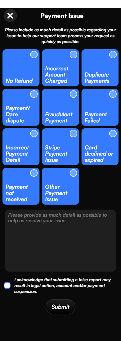 Create Payment Issue Screen