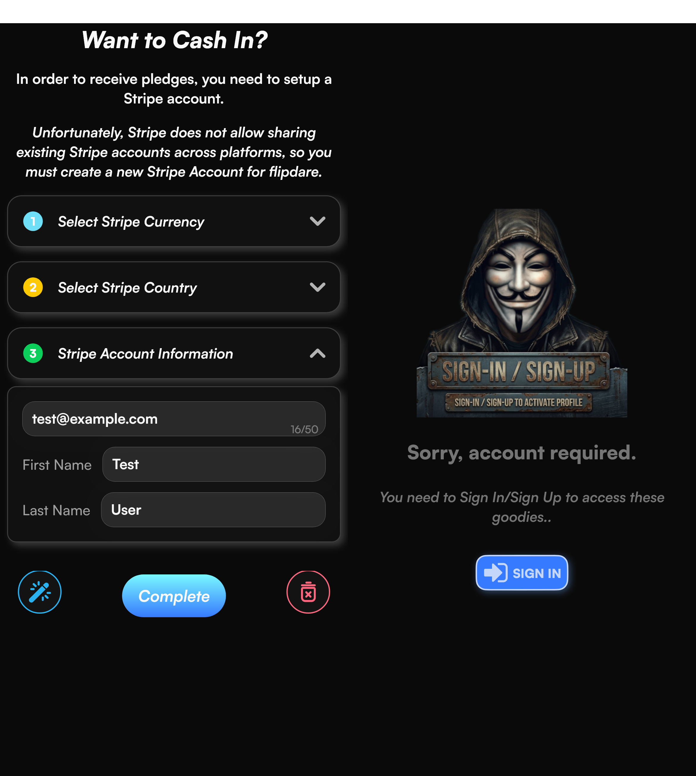Stripe Onboard Tab
